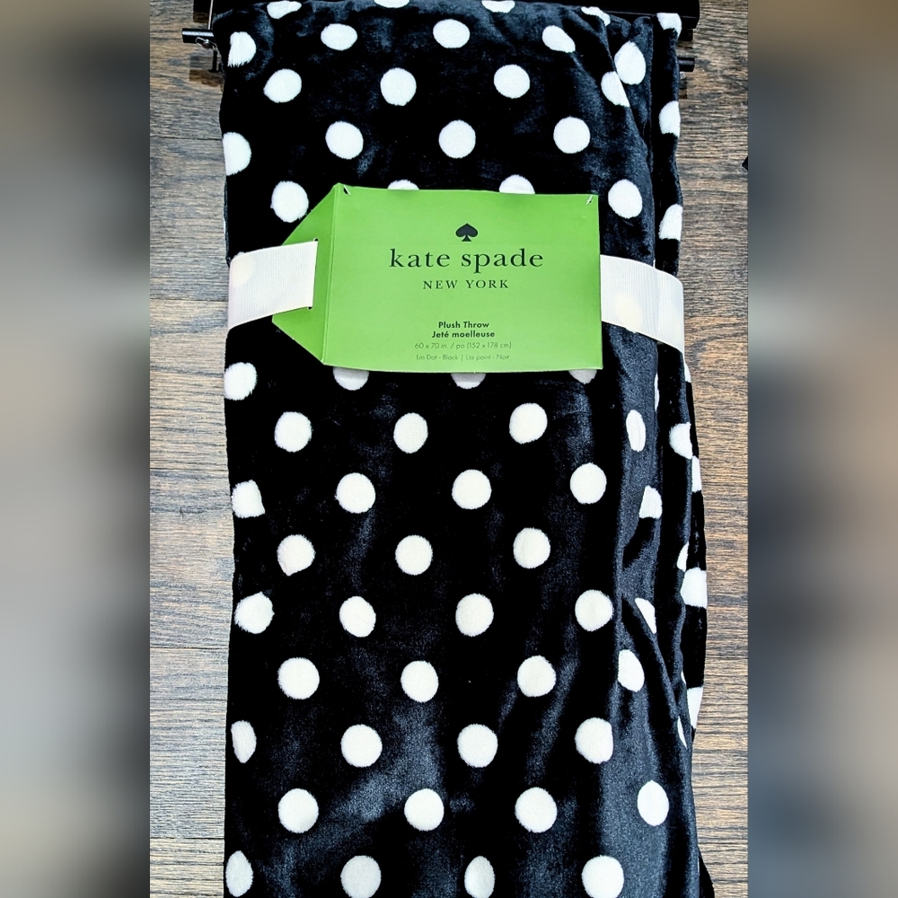 New Kate Spade Plush Fleece Throw Black White Dot  60” X 70”